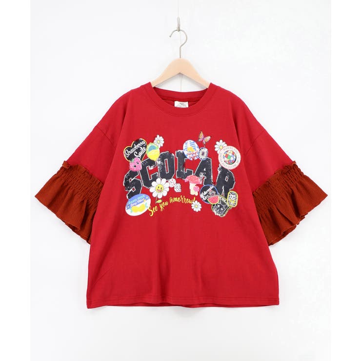 レッド | フリル袖付き ポップロゴTシャツ | ScoLar