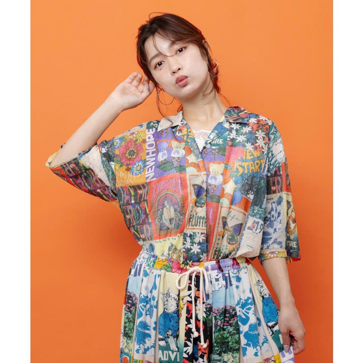 アイボリー | スカラー ポスターコラージュ柄or花ネコ柄シャツ | ScoLar