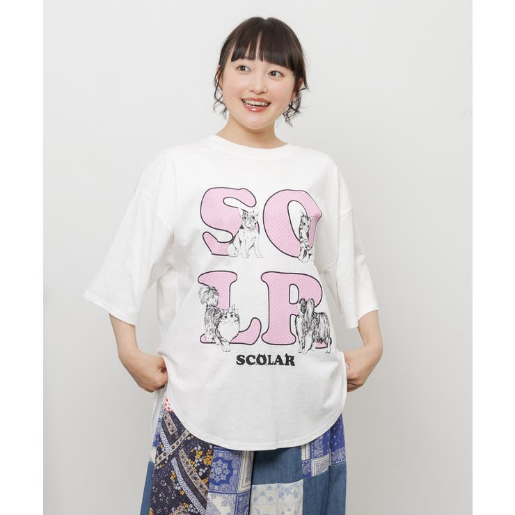 オフホワイト | ドットスカラー わんにゃん柄Tシャツ | ScoLar