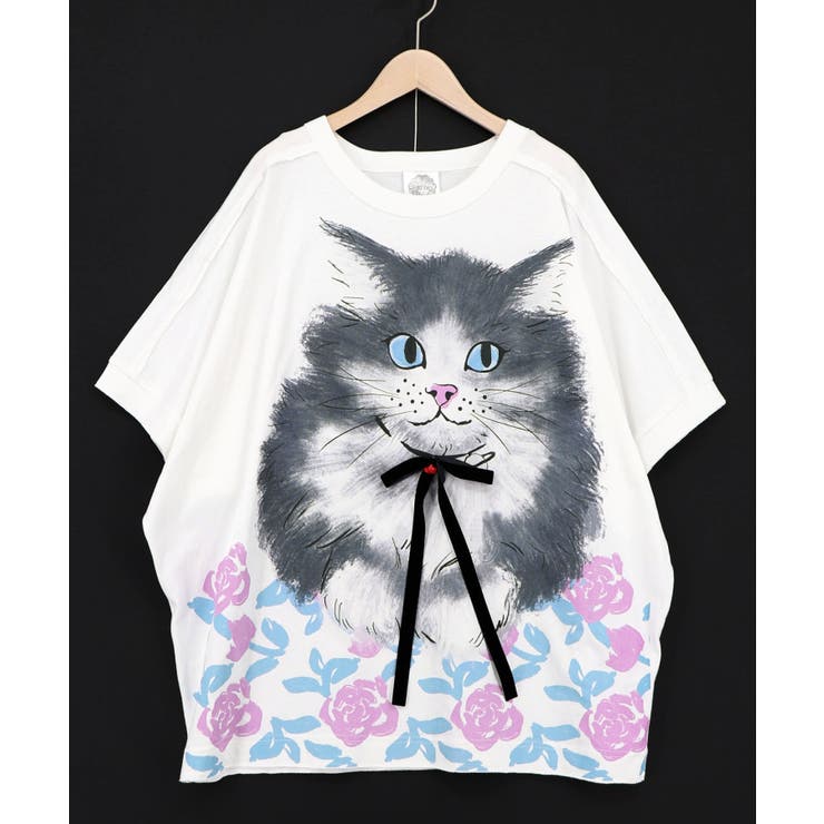 リボン付き もふもふハチワレネコ柄Tシャツ | ScoLar | 詳細画像8 
