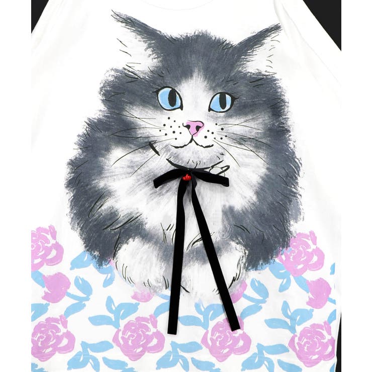 リボン付き もふもふハチワレネコ柄Tシャツ | ScoLar | 詳細画像10 