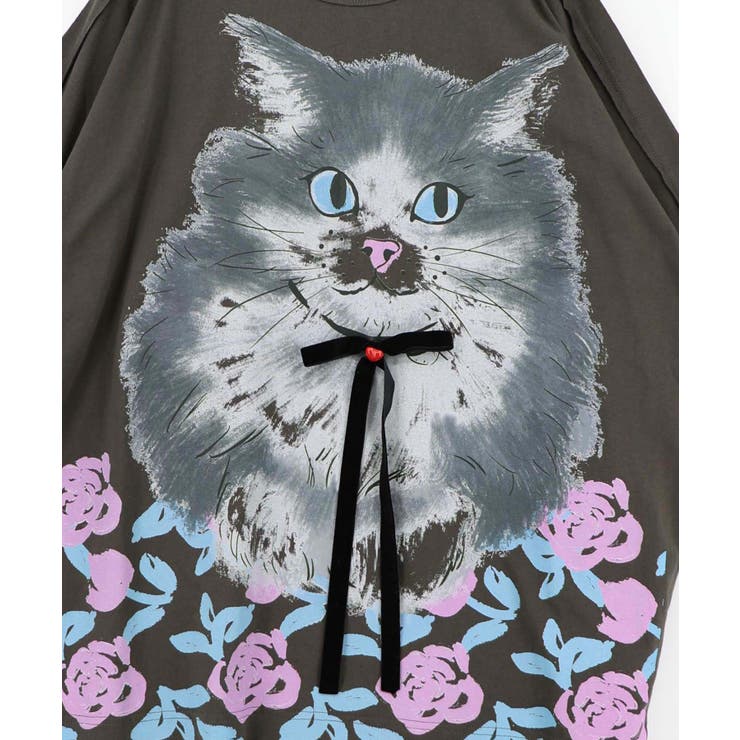 リボン付き もふもふハチワレネコ柄Tシャツ | ScoLar | 詳細画像12 
