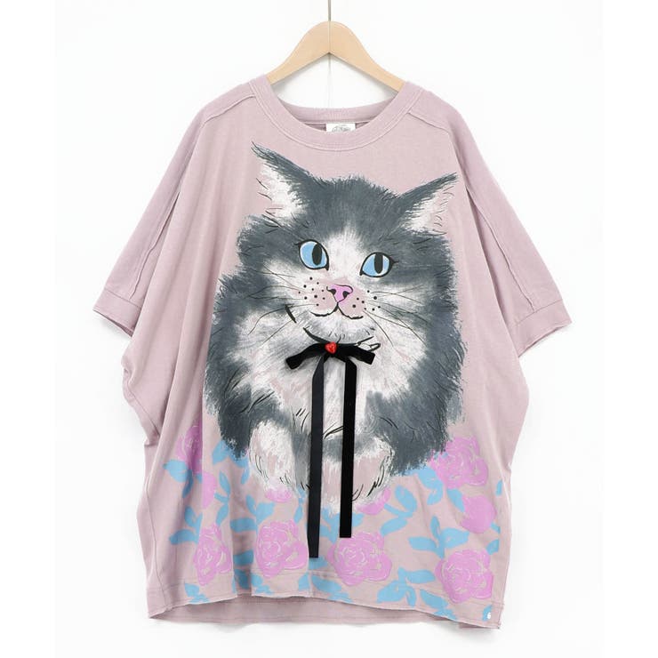 パープル | リボン付き もふもふハチワレネコ柄Tシャツ | ScoLar