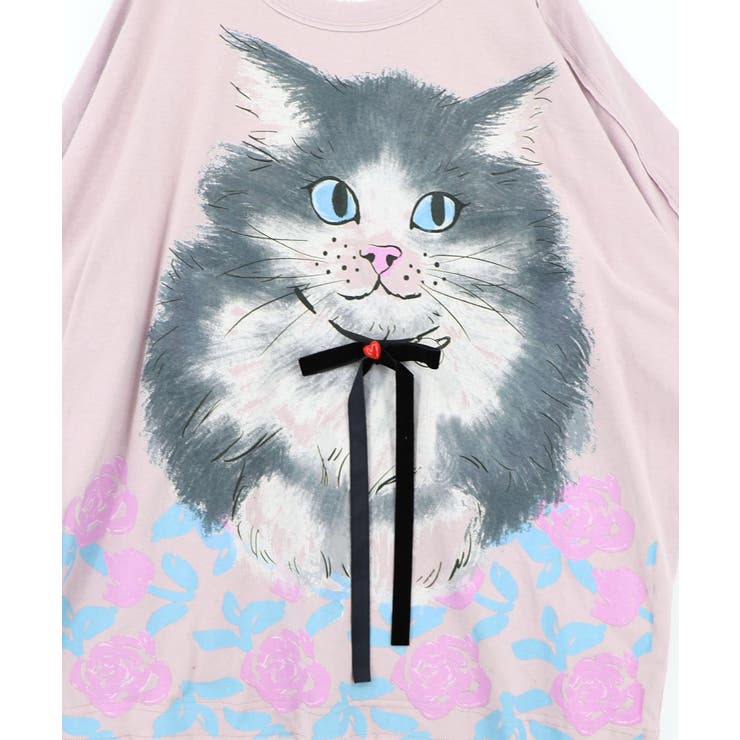 リボン付き もふもふハチワレネコ柄Tシャツ | ScoLar | 詳細画像14 