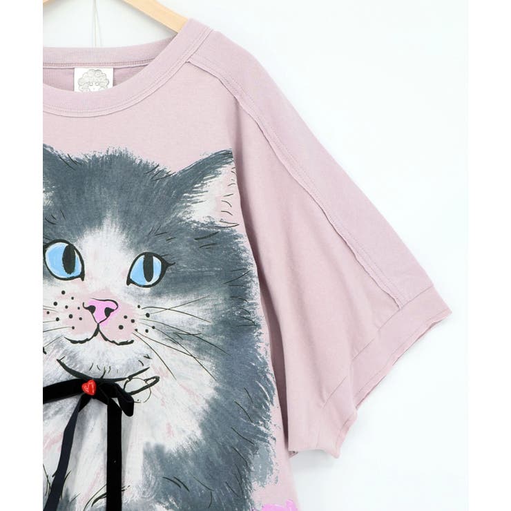 リボン付き もふもふハチワレネコ柄Tシャツ | ScoLar | 詳細画像16 