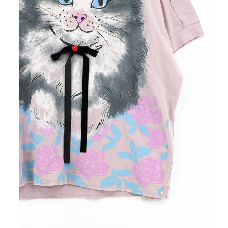 リボン付き もふもふハチワレネコ柄Tシャツ | ScoLar | 詳細画像17 