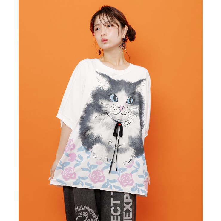 リボン付き もふもふハチワレネコ柄Tシャツ | ScoLar | 詳細画像1 