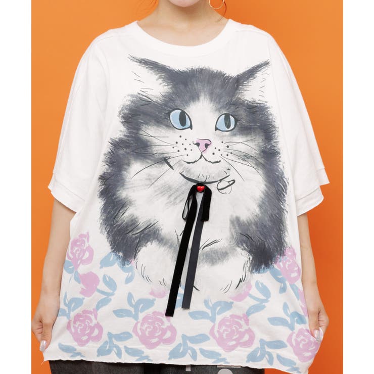 リボン付き もふもふハチワレネコ柄Tシャツ | ScoLar | 詳細画像5 