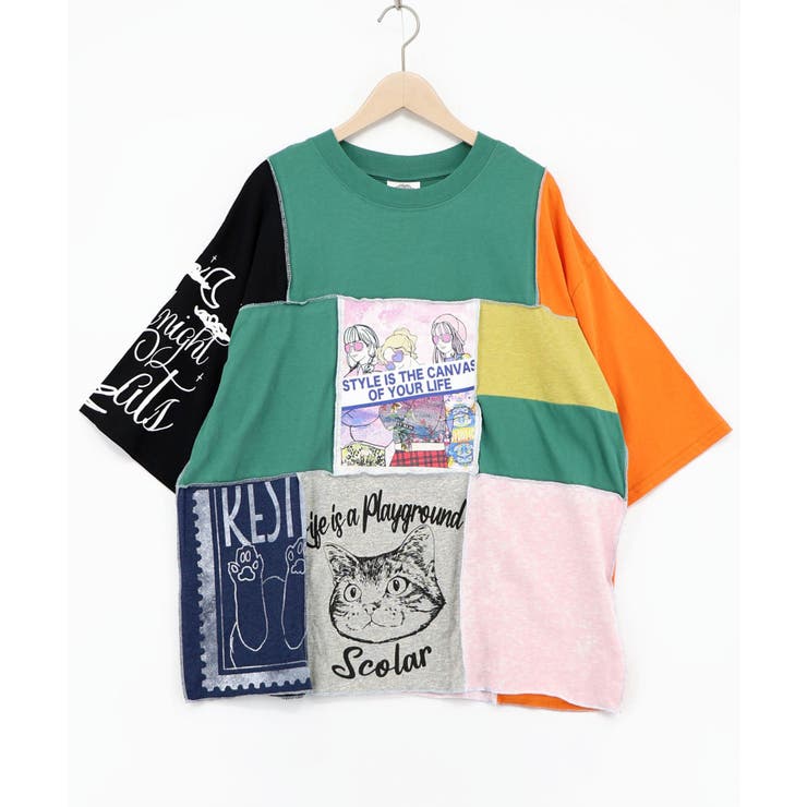 グリーン | 配色パッチワーク風切替Tシャツ | ScoLar