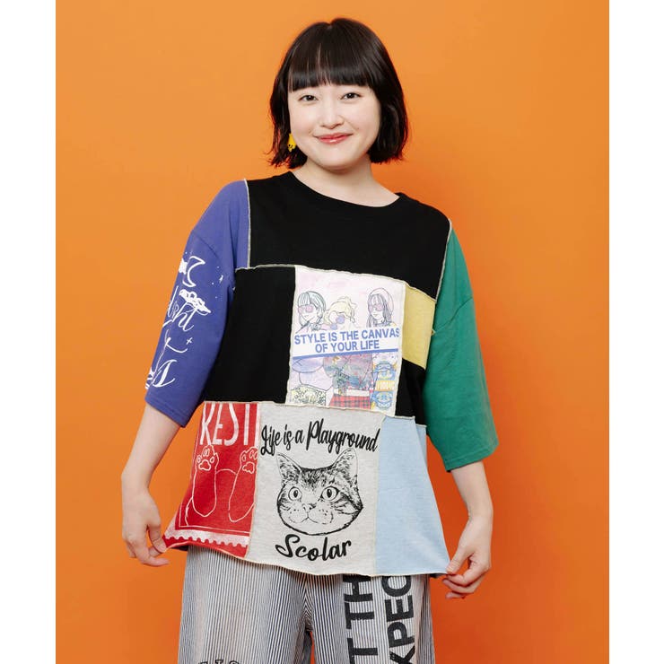 ブラック | 配色パッチワーク風切替Tシャツ | ScoLar