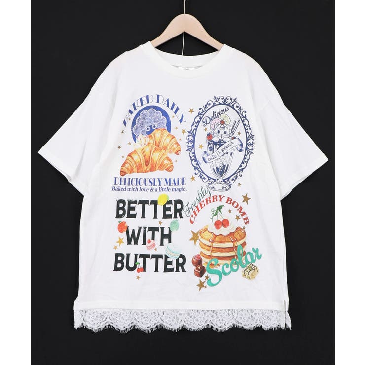 オフホワイト | いろんなフード柄 裾レースTシャツ | ScoLar