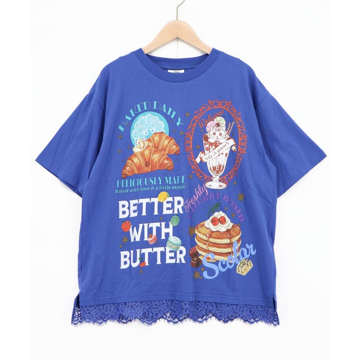 ネイビー | いろんなフード柄 裾レースTシャツ | ScoLar