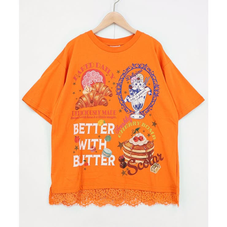 オレンジ | いろんなフード柄 裾レースTシャツ | ScoLar