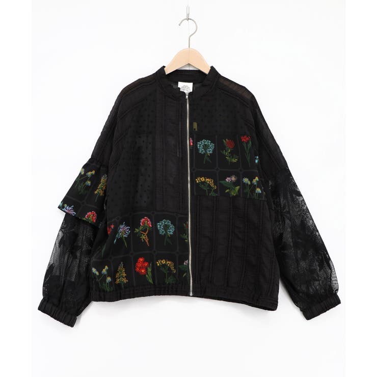 ブラック | 花柄×シフォン×レース 異素材シアーブルゾン | ScoLar