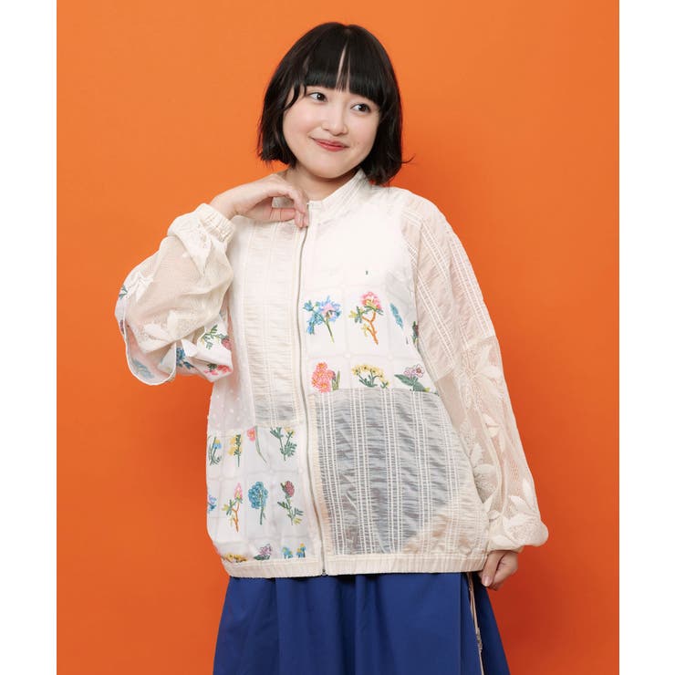 アイボリー | 花柄×シフォン×レース 異素材シアーブルゾン | ScoLar