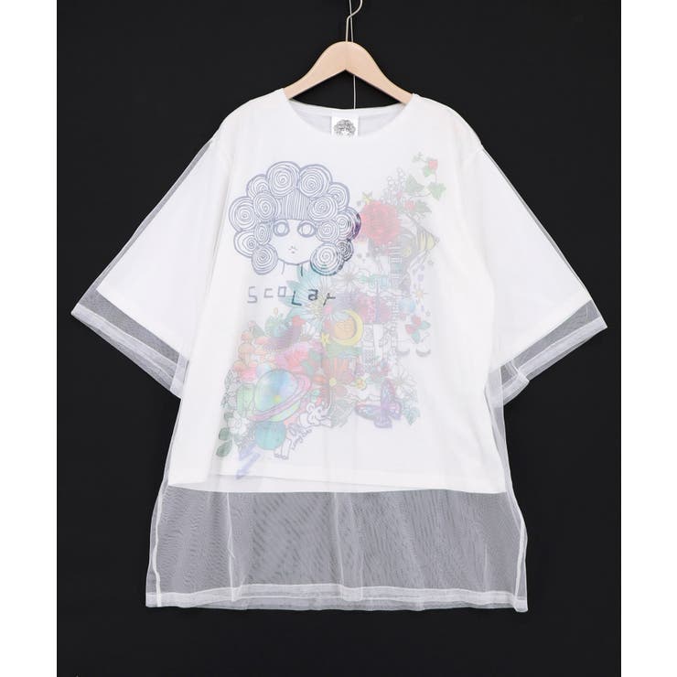 オフホワイト | スカラーちゃん×花×惑星柄 チュール重ねTシャツ | ScoLar