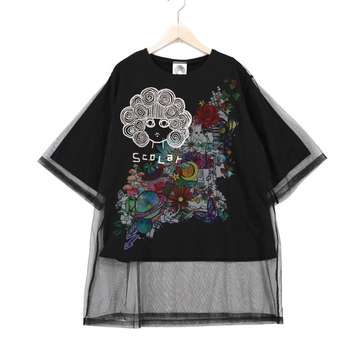 ブラック | スカラーちゃん×花×惑星柄 チュール重ねTシャツ | ScoLar
