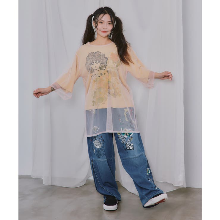 スカラーちゃん×花×惑星柄 チュール重ねTシャツ | ScoLar | 詳細画像1 
