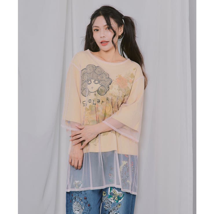 スカラーちゃん×花×惑星柄 チュール重ねTシャツ | ScoLar | 詳細画像2 