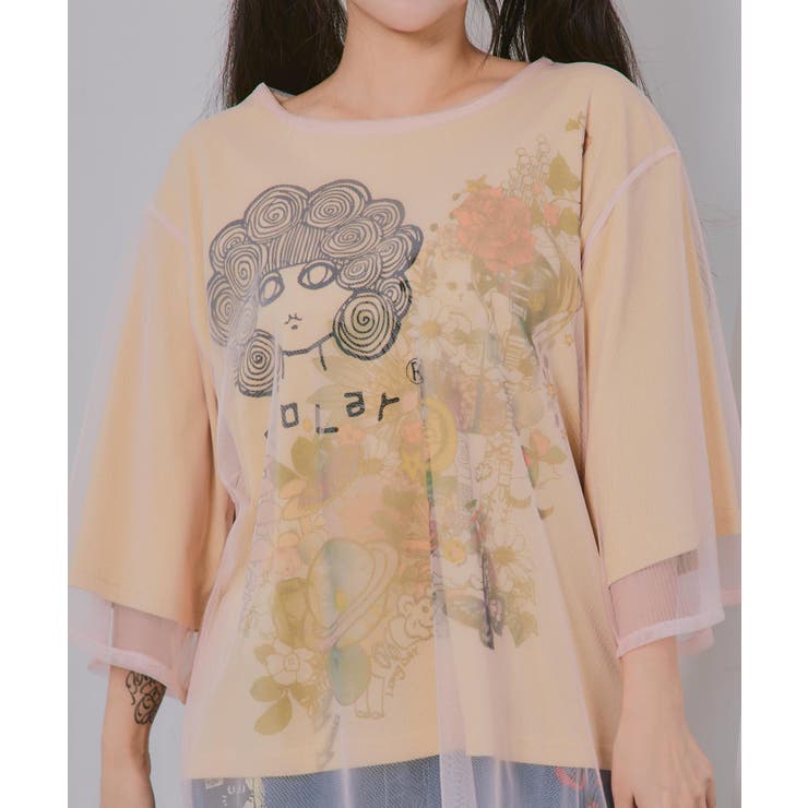 スカラーちゃん×花×惑星柄 チュール重ねTシャツ | ScoLar | 詳細画像5 