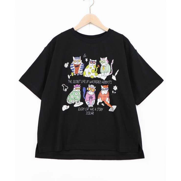 ブラック | おしゃれネコ柄 接触冷感Tシャツ | ScoLar
