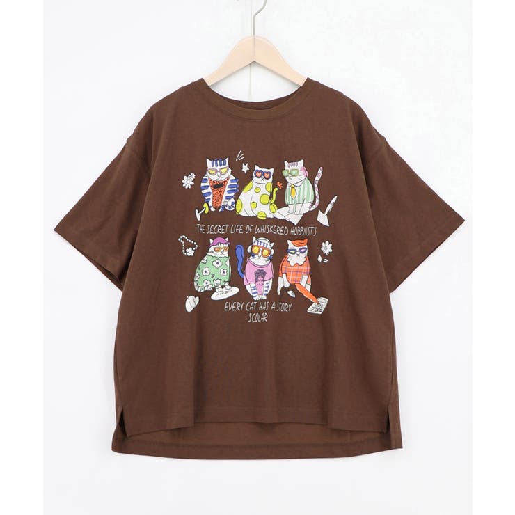 ブラウン | おしゃれネコ柄 接触冷感Tシャツ | ScoLar