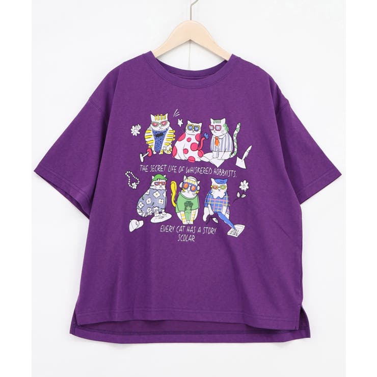 パープル | おしゃれネコ柄 接触冷感Tシャツ | ScoLar