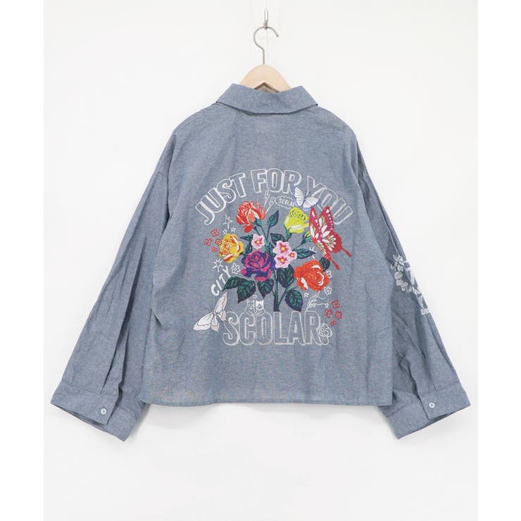 ブルー | 2素材展開 ポップロゴお花バックプリントシャツ | ScoLar
