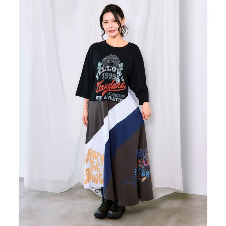 ブラック | アメリカン風ロゴ 配色Tシャツワンピース | ScoLar