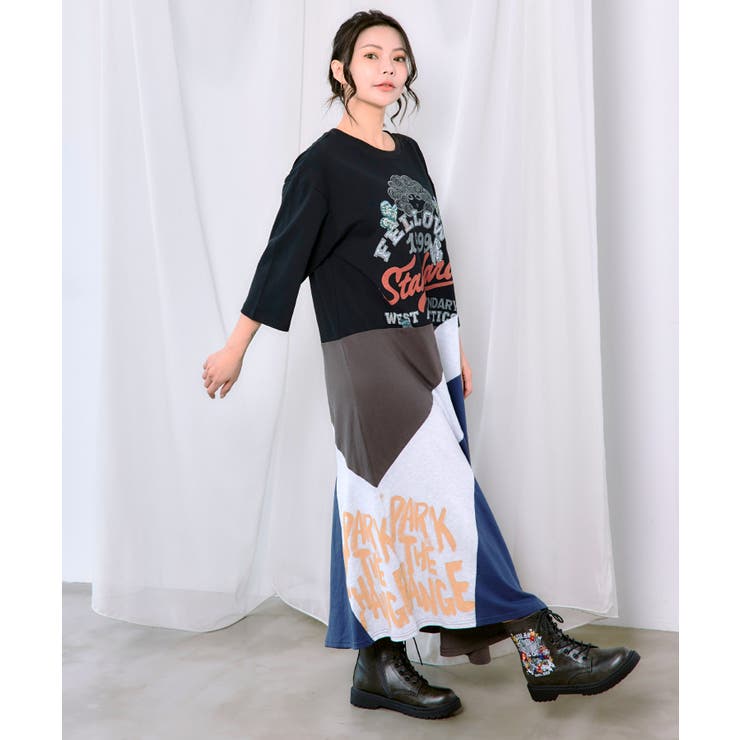 アメリカン風ロゴ 配色Tシャツワンピース | ScoLar | 詳細画像1 