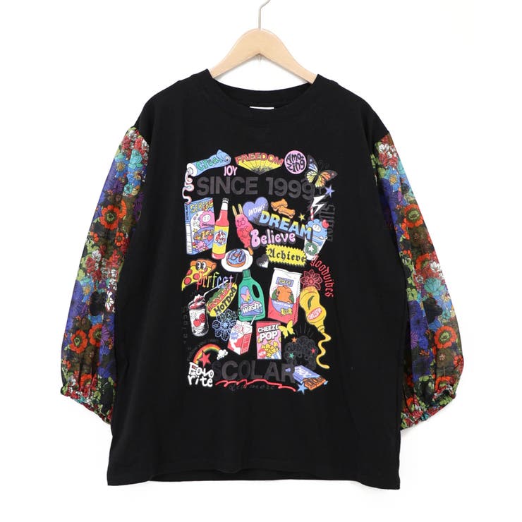 ブラック | カラフルマーケット柄 袖切替プルオーバー | ScoLar