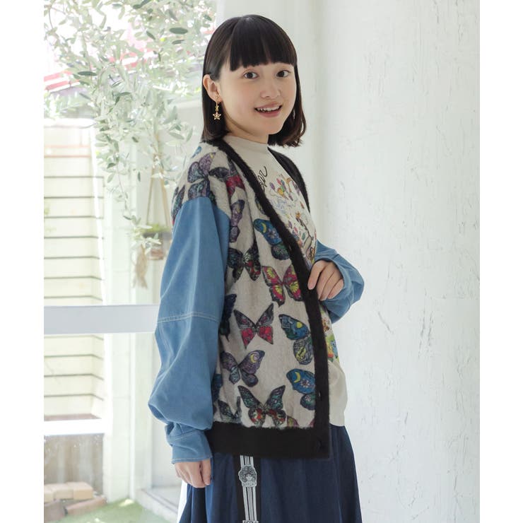 レトロ蝶柄 シャギーニット×デニムカーディガン | ScoLar | 詳細画像3 
