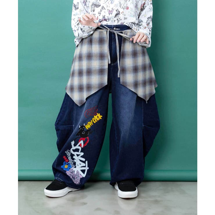 ネイビー | チェック巻きスカート付き 3wayデニムパンツ | ScoLar