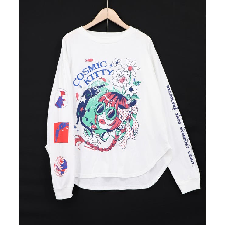 オフホワイト | 惑星ガールと宇宙ネコ柄Tシャツ | ScoLar