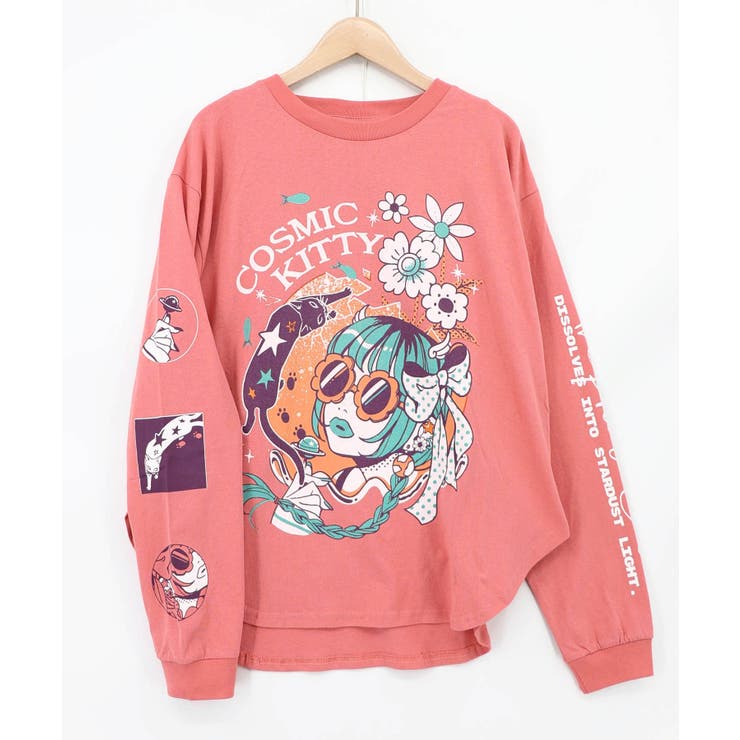 ピンク | 惑星ガールと宇宙ネコ柄Tシャツ | ScoLar