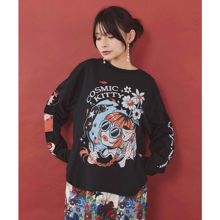 ブラック | 惑星ガールと宇宙ネコ柄Tシャツ | ScoLar