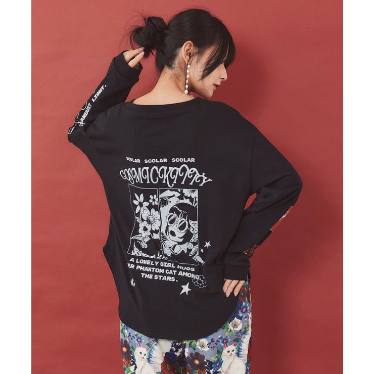 惑星ガールと宇宙ネコ柄Tシャツ | ScoLar | 詳細画像1 