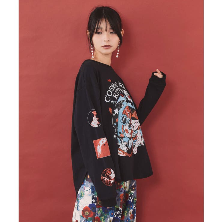 惑星ガールと宇宙ネコ柄Tシャツ | ScoLar | 詳細画像4 