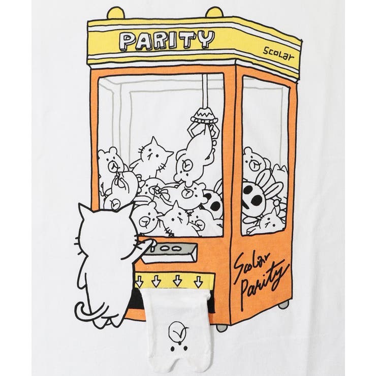 パリティのネコとクマ UFOキャッチャー柄 BIGロングスリーブTシャツ
