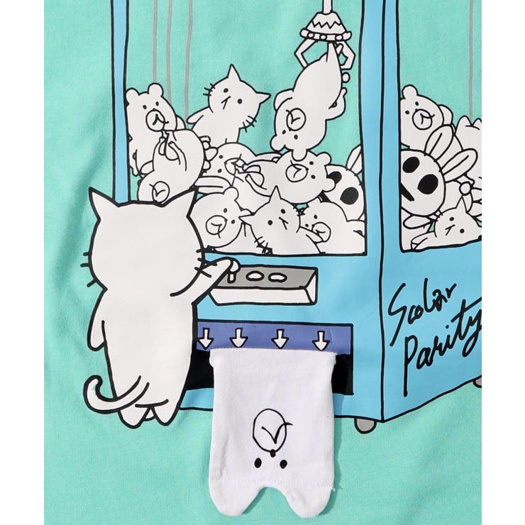 パリティのネコとクマ UFOキャッチャー柄 BIGロングスリーブTシャツ