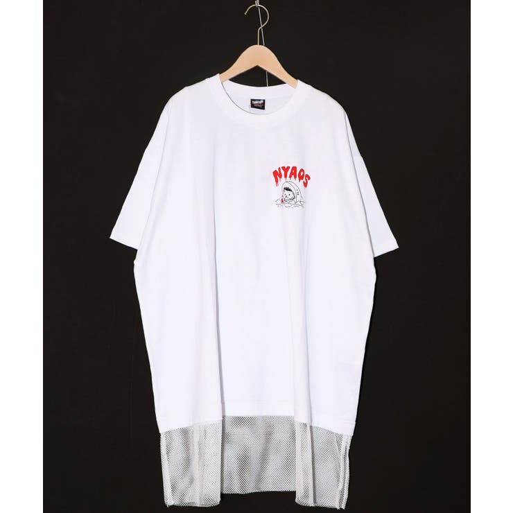 オフホワイト | NYAOS柄メッシュ切替Tシャツ | ScoLar