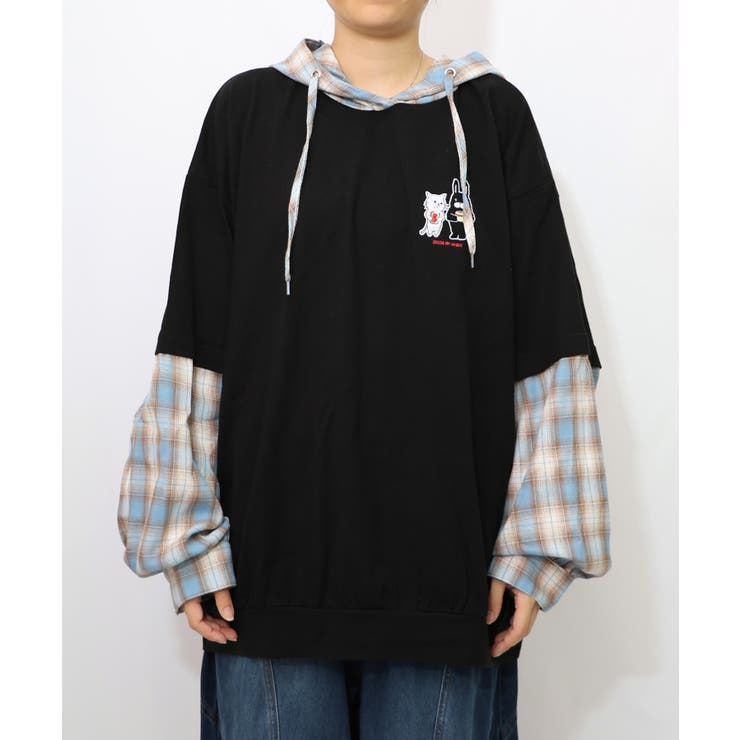 ネコとラビルのチェック柄切替フーデッドプルオーバー | ScoLar | 詳細画像7 