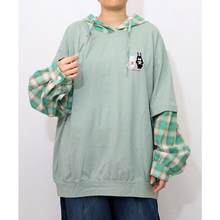 グリーン | ネコとラビルのチェック柄切替フーデッドプルオーバー | ScoLar