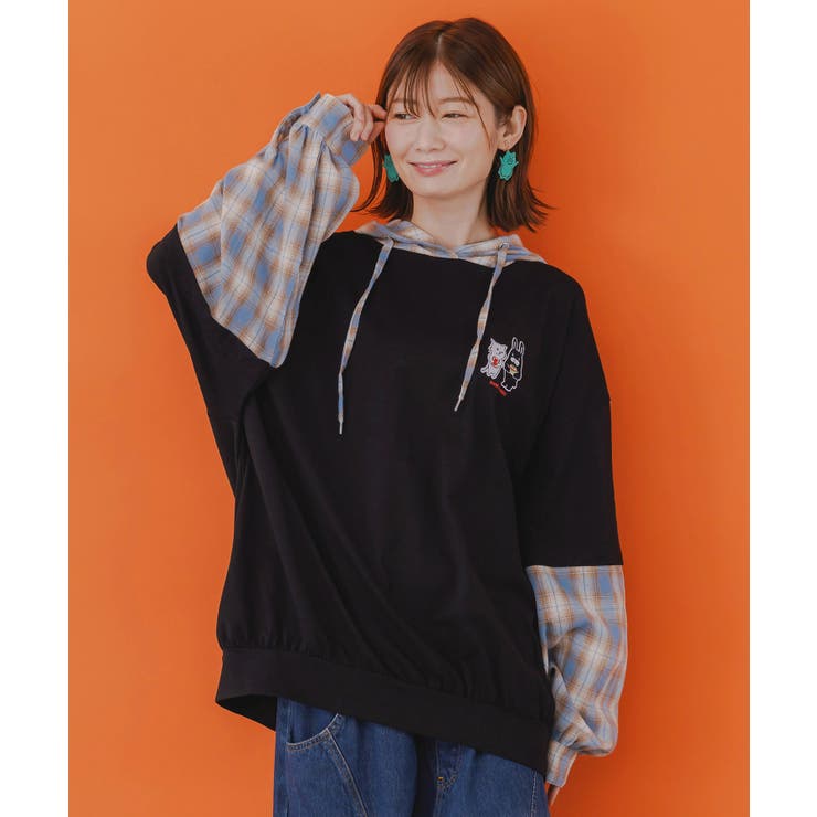 ブラック | ネコとラビルのチェック柄切替フーデッドプルオーバー | ScoLar