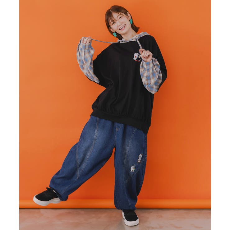 ネコとラビルのチェック柄切替フーデッドプルオーバー | ScoLar | 詳細画像1 