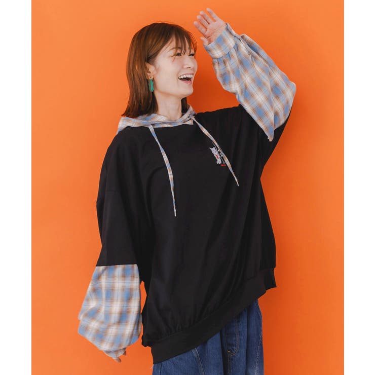 ネコとラビルのチェック柄切替フーデッドプルオーバー | ScoLar | 詳細画像2 