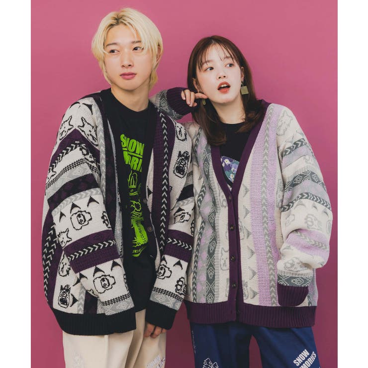 落書き調Parityキャラジャガード3Dニットカーディガン | ScoLar | 詳細画像1 