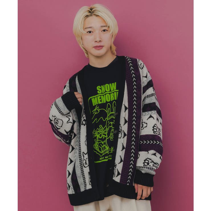 ブラック | 落書き調Parityキャラジャガード3Dニットカーディガン | ScoLar