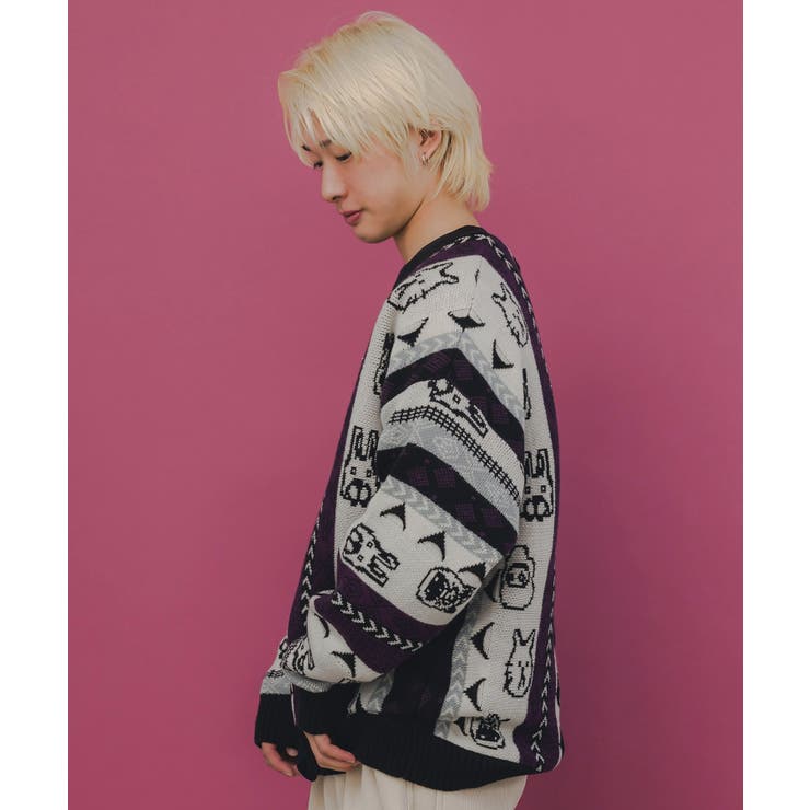 落書き調Parityキャラジャガード3Dニットカーディガン[品番