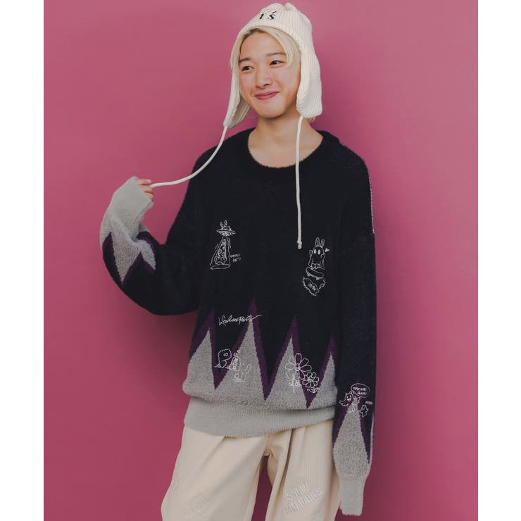 ブルー | 落書き調Parityキャラジャガードニットプルオーバー | ScoLar